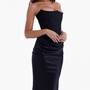 New House of CB Persephone Strapless Satin Corset Maxi Dress in Black